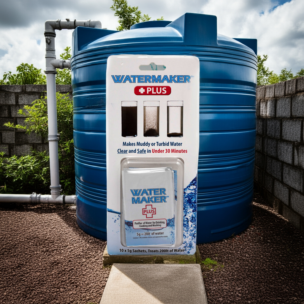 Blue water storage tank with Watermaker Plus in front