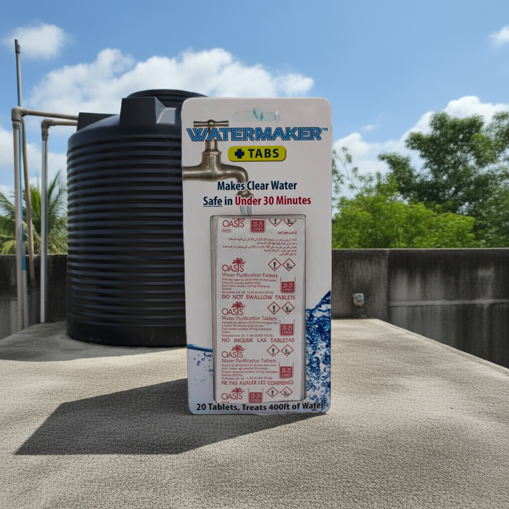 Watermaker tabs  with a water tank on a rooftop