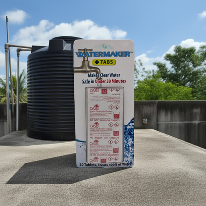 Watermaker tabs  with a water tank on a rooftop