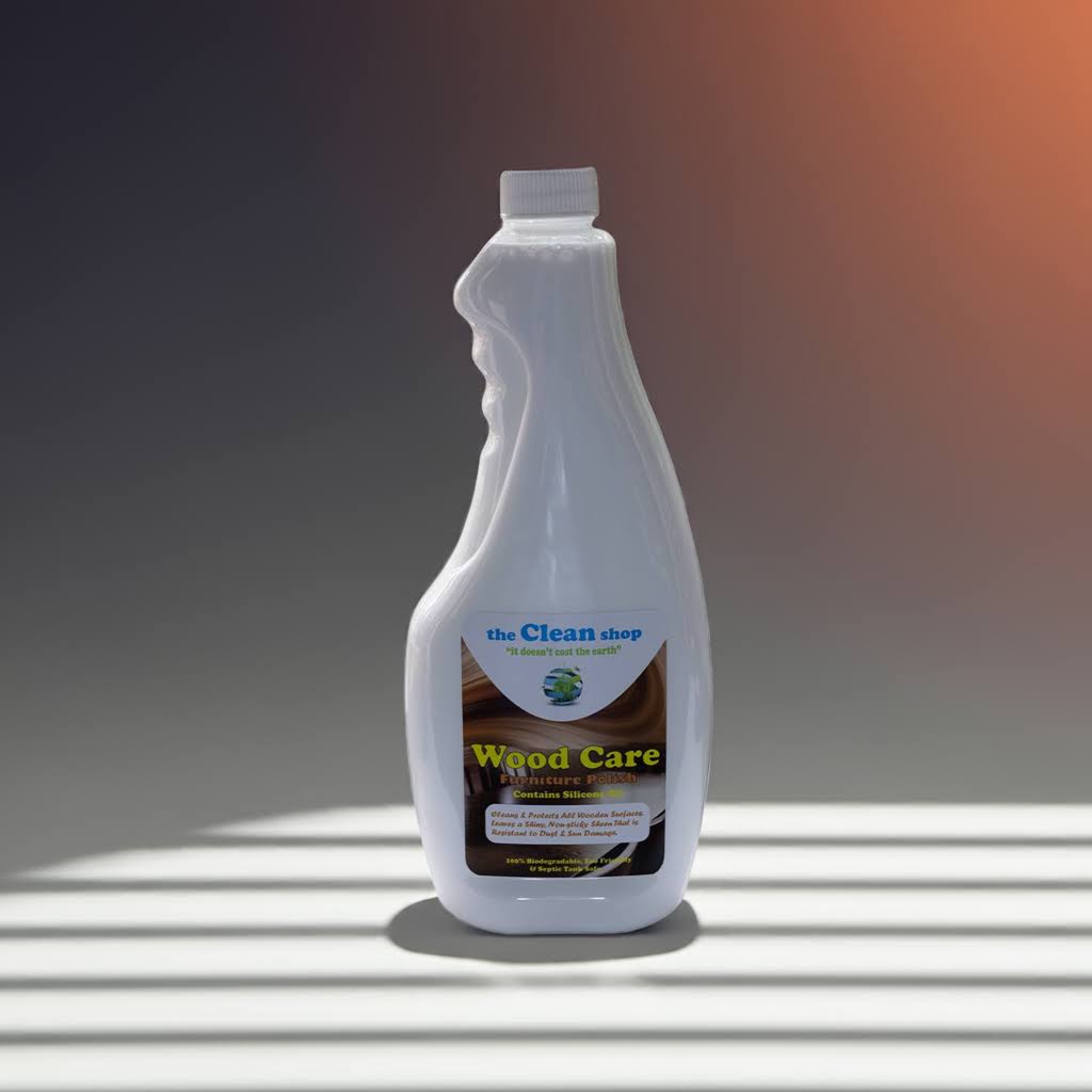 White bottle of Wood Care product on a gray background