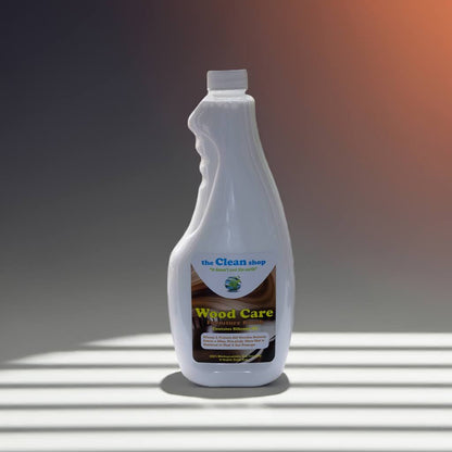 White bottle of Wood Care product on a gray background