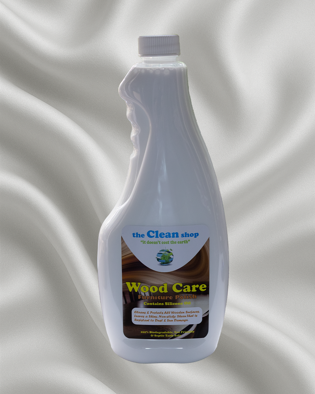 Bottle of  Wood Care Finish on a white background