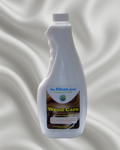 Bottle of  Wood Care Finish on a white background